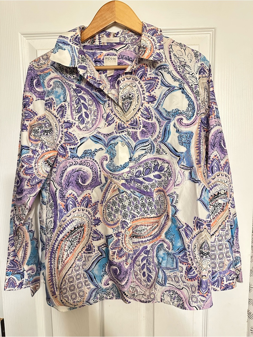 Chico's Paisley No Iron Button Up Blouse Cotton Sz 2(L) Boho Chic Artsy Retro